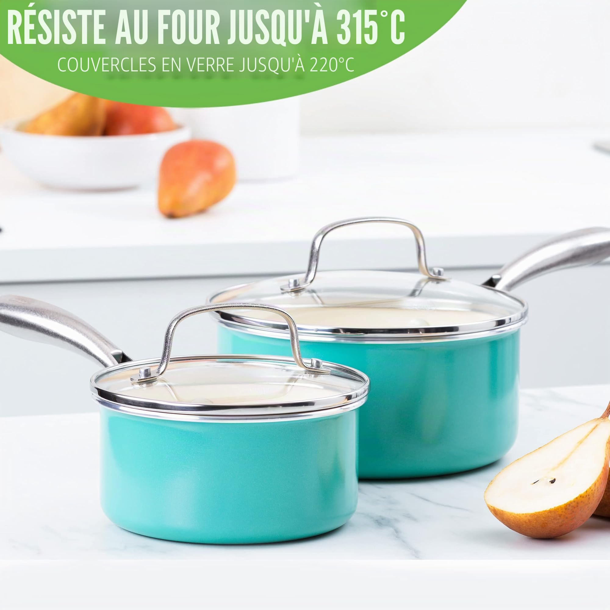 GreenLife Artizan Set de Casseroles 14cm/1L & 18cm/2L en Antiadhésive Céramique Saine, Sans PFAS, Poignée en Acier Inoxydable, Convient avec l'induction, Va au Lave-Vaisselle & au Four, Turquoise