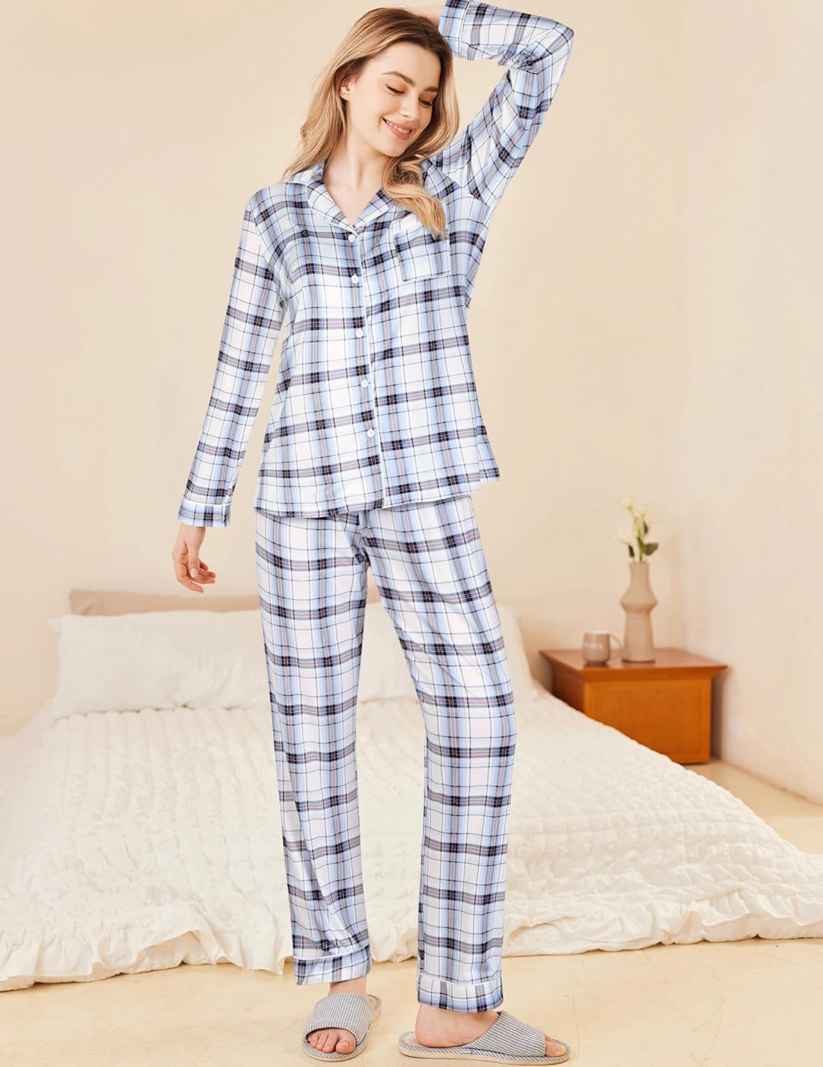 Ekouaer Womens Pajamas Set 2 Piece Button Down Pjs Soft Long Sleeve Top and Pants Sleepwear Set Lounge Sets - Image 4