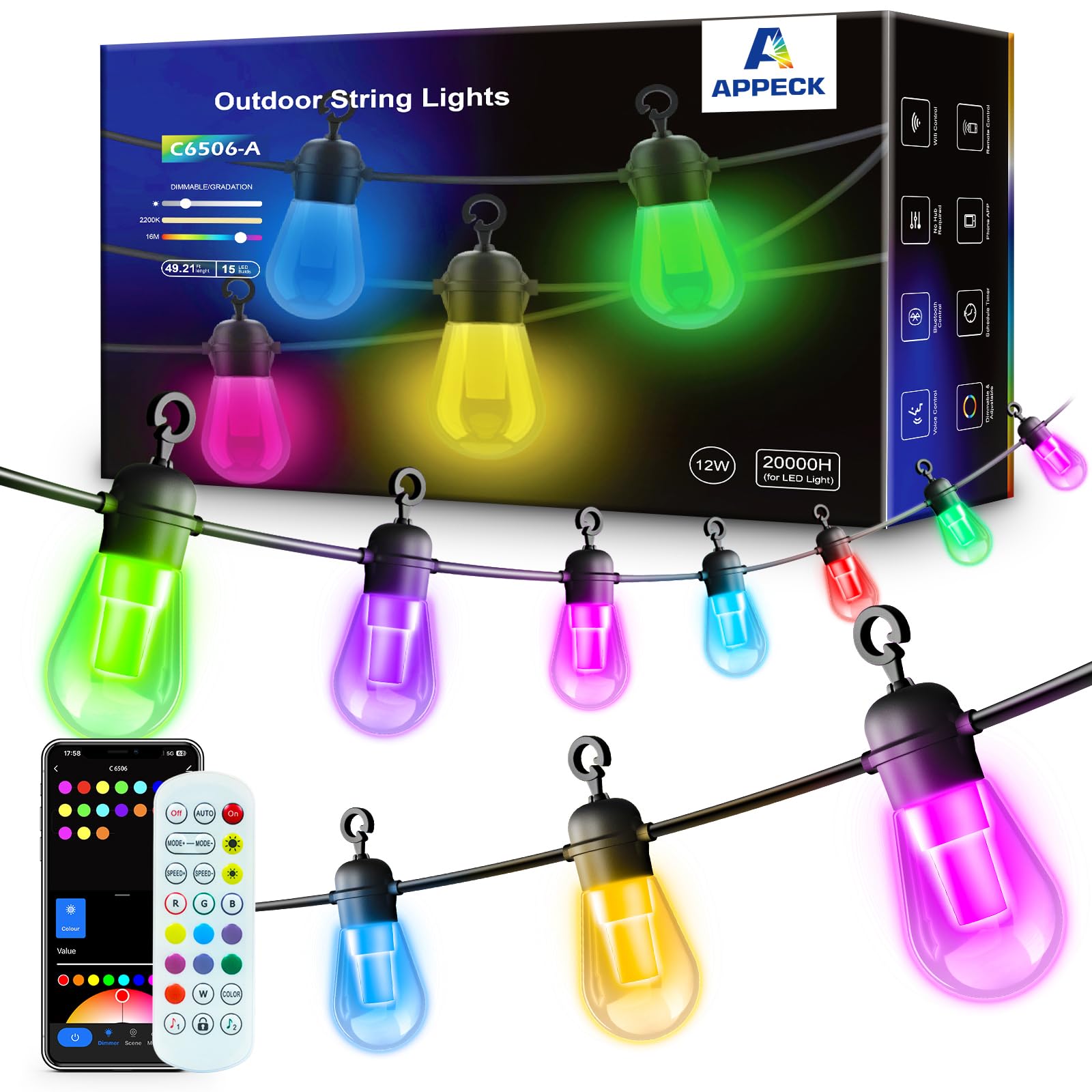 Outdoor String Lights 50FT, RGBW Smart Patio Lights with 54 Scene Modes, Christmas String Lights with 15 Dimmable LED Bulbs, Color Changing Hanging Lights for Party, Backyard Decor