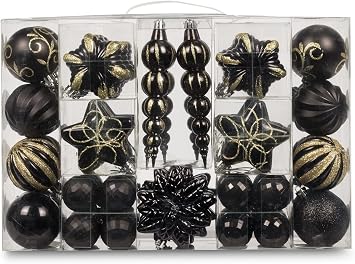 73ct Assorted shatterproof Christmas Ornaments Luxury Collection Set in Reusable Hand-held Gift Package for Christmas Tree Decoration Black