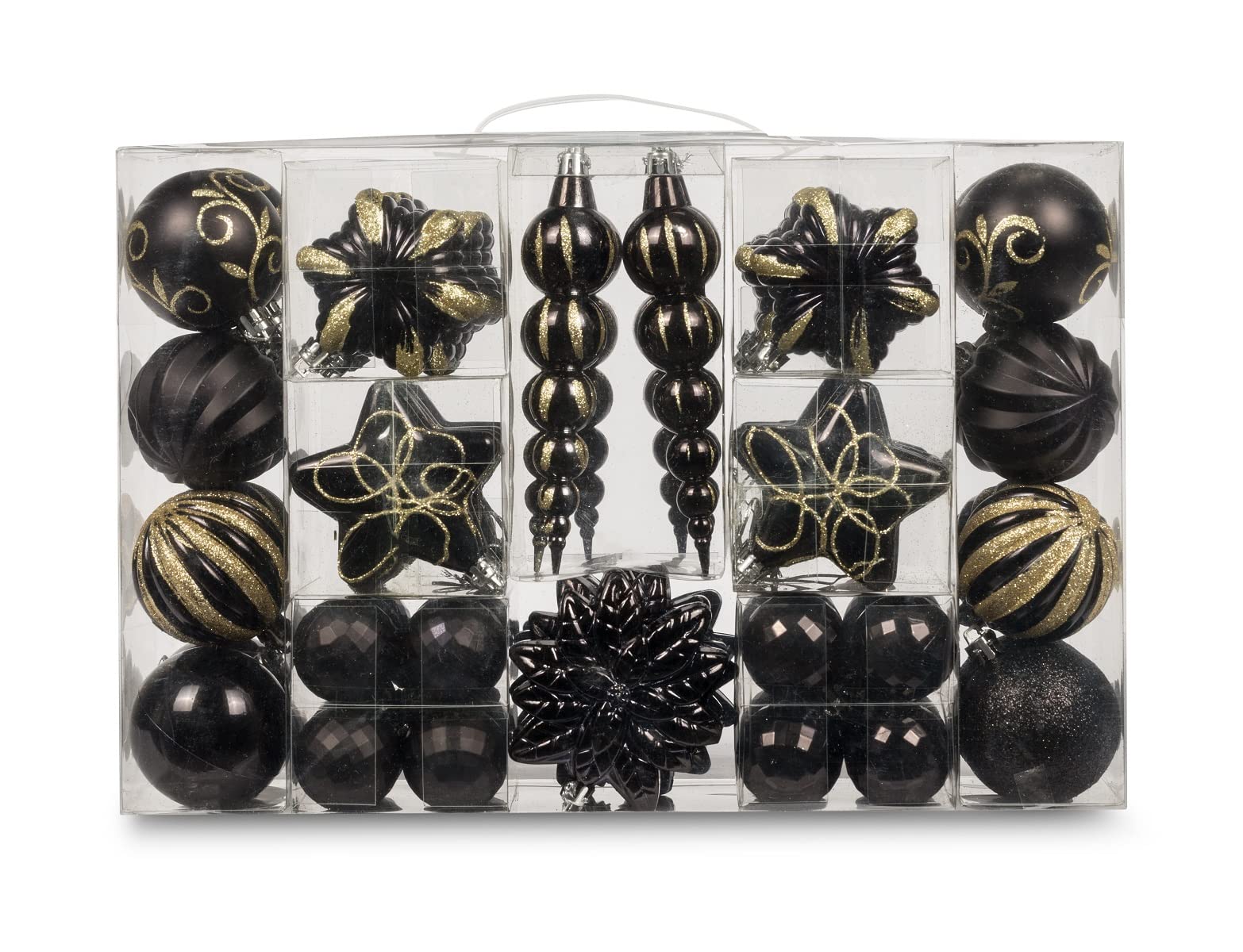 73ct assorted shatterproof christmas ornaments luxury collection set in reusable hand-held gift package for christmas tree decoration (black)