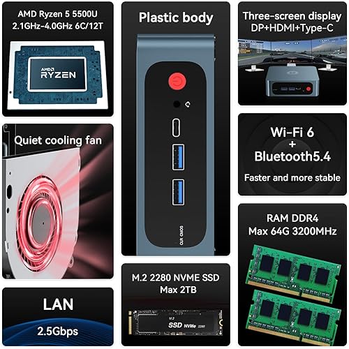 Vista 2 de TRIGKEY Mini PC S5, Ryzen 5 5500U (6C/12T, hasta 4.0 GHz), Mini PC para juegos, 16 GB DDR4 3200 MHz 500 GB M.2 2280 NVME SSD, Mini PC Ryzen 4K