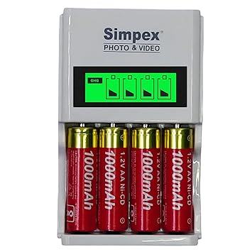 Simpex AA Cell Charging Rechargeable Battery LCD Fast Charger with 1000mAh AA Ni-CD Rechargeable Camera Battery Charger (White, Red)