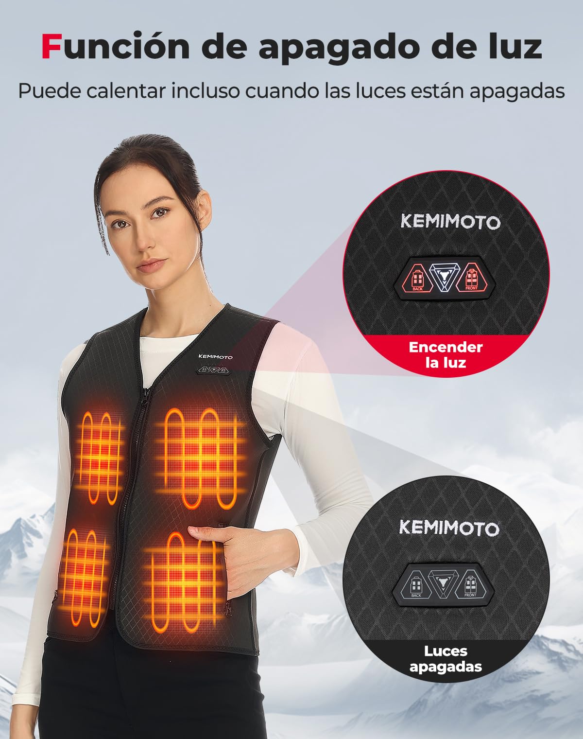 KEMIMOTO Chaleco Calefactable Mujer, Chaleco Térmico Corte Elegante y Ajustado con 8 Zonas de Calentamiento, Chaleco Cálido para Campar, Esquí, Pesca, Actividades al Aire Libre (No incluye Batería)