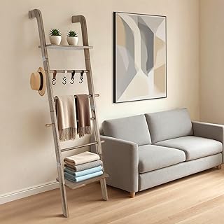 Wooden Ladder with Shelf for Room Decor, 6-Tier Decor Ladder with Non-Slip Mat & Hooks, Farmhouse Style Leaning Wall Display Holder