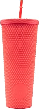 ASTOR | Matte Studded Cup | Studded Tumbler with Lid and Straw | Venti 24 oz Cold Cups Bright Coral