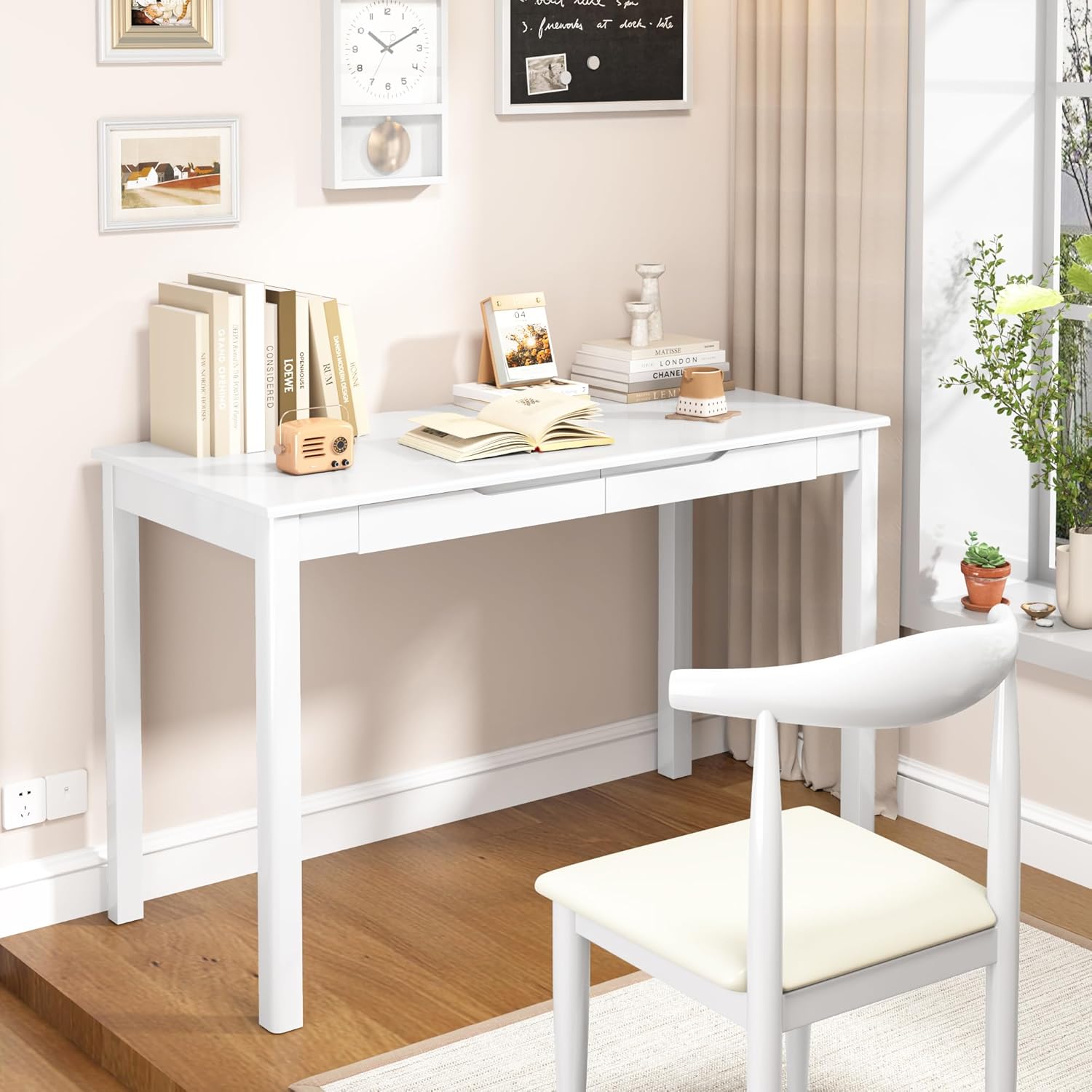 Solid Wood Desk with Drawers - 47 x 22 Inch Simple Modern Desks, Home Office Computer Desks, Rubber Wood Study Table, Writing Desk with Drawers for Bedroom|Any Spaces - White