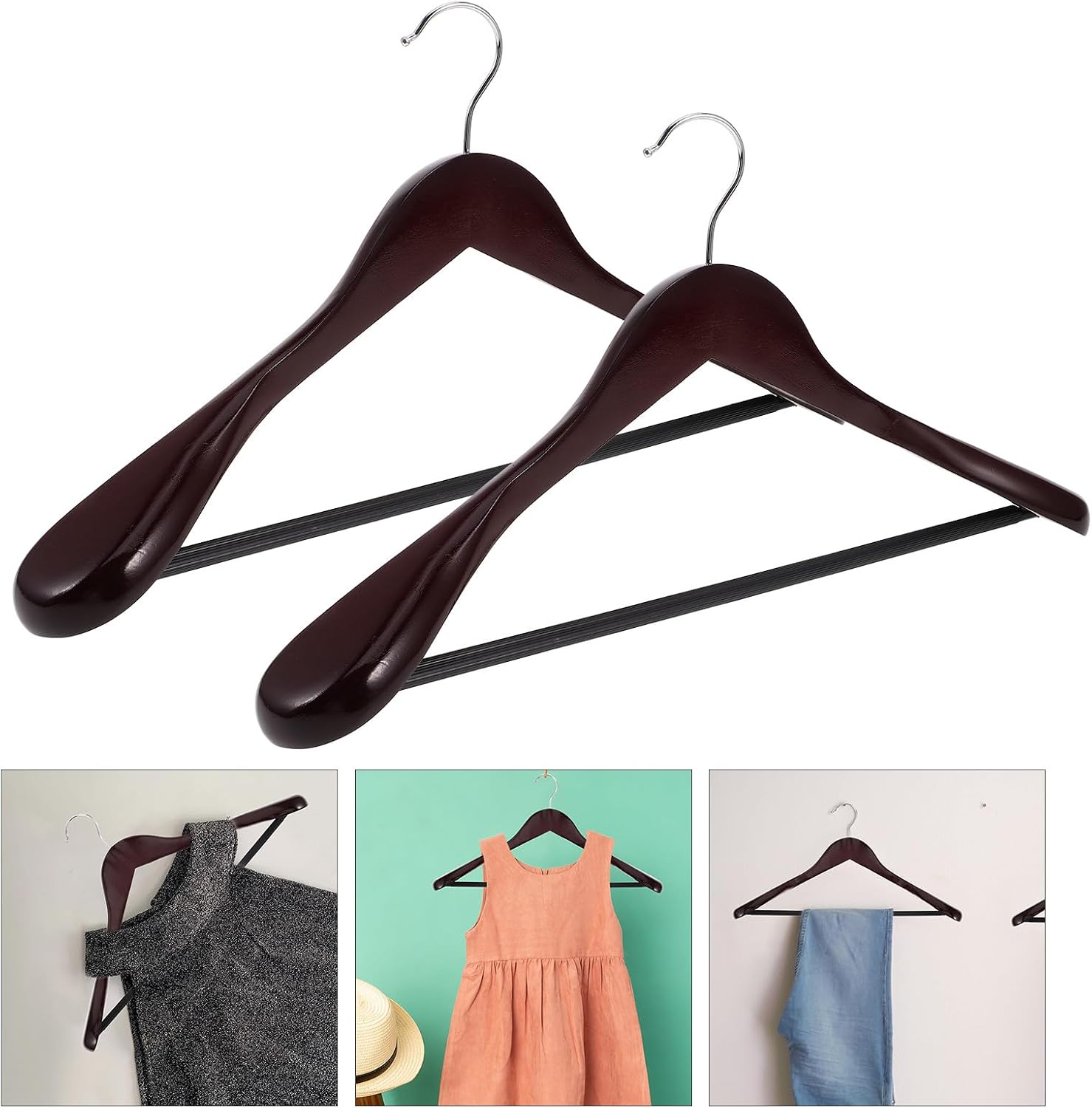 MAGICLULU 2pcs Solid Maple Wood Coat Hangers Extra-Wide Shoulder Traceless Suit and Overcoat Hangers with Wine Red Round Hooks for Men’s Jackets and Wool Coats