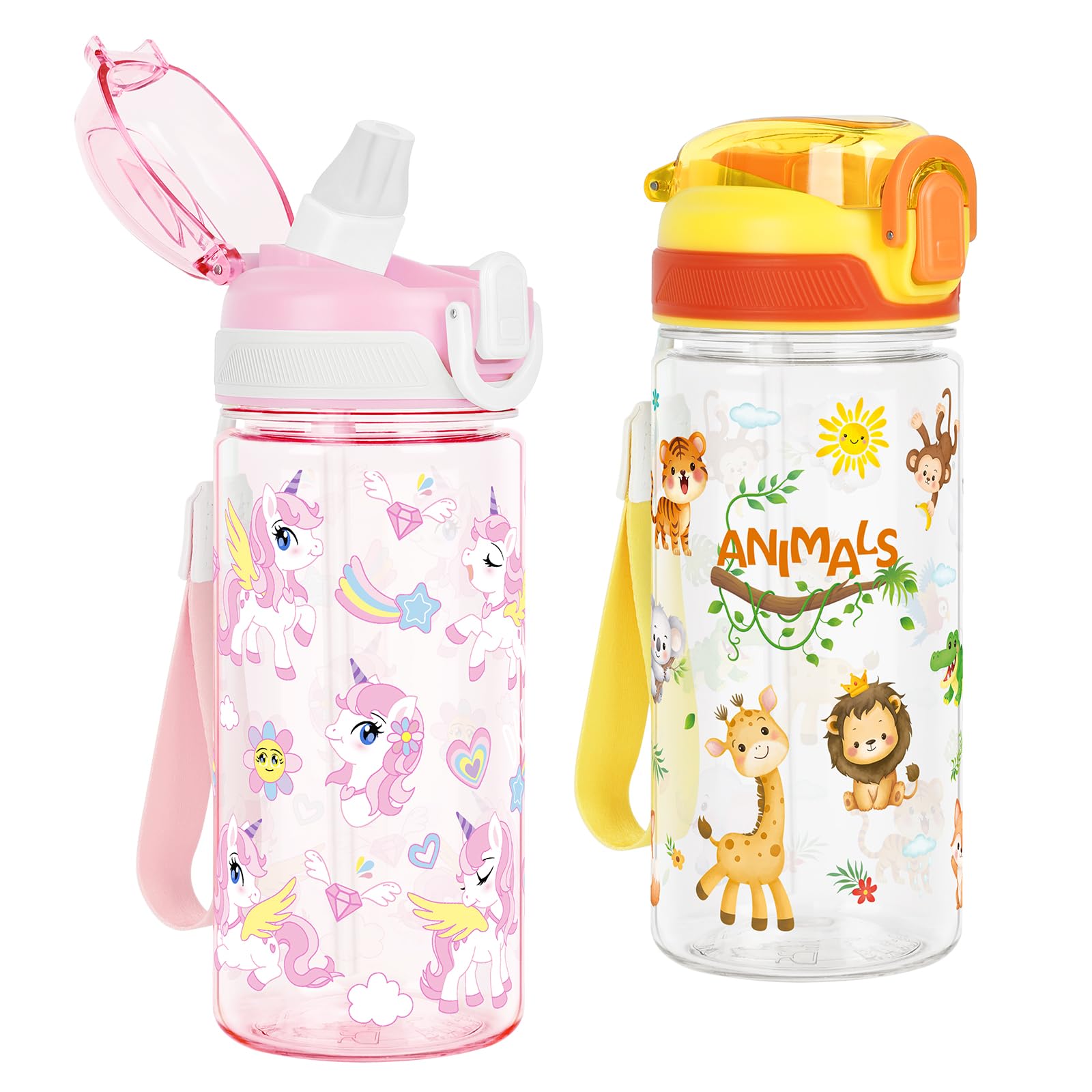 Kids Water Bottles with Straw Tritan 2 Pack 480ML - Unicorn & Jungle Animal