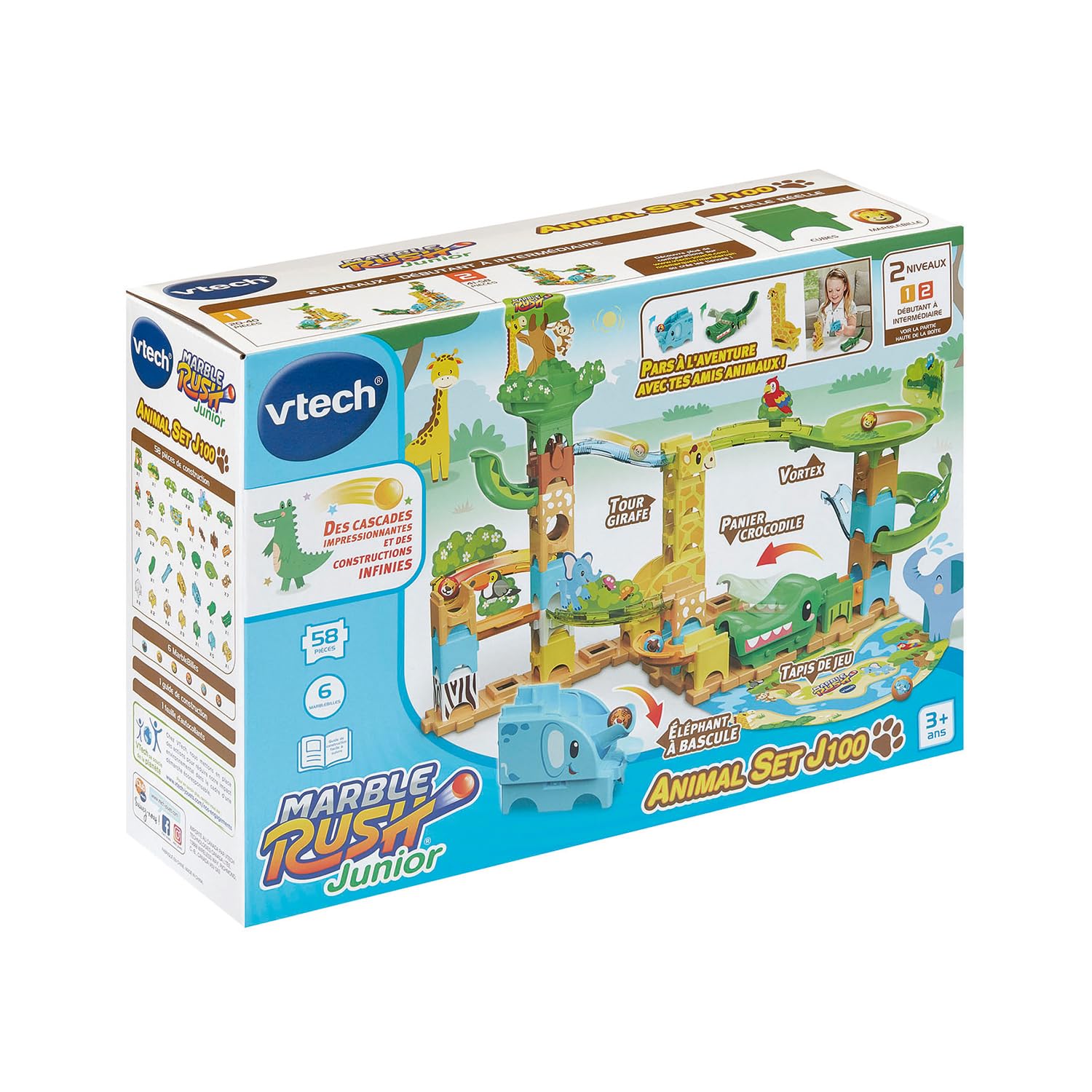 VTech - Marble Rush Junior Animal Set J100 - Circuit à Billes Enfant, 58 Pièces et 6 Billes - Jeu de Construction, Jouet Animaux de la Savane - Cadeau Enfant Dès 3 Ans - Contenu en Français