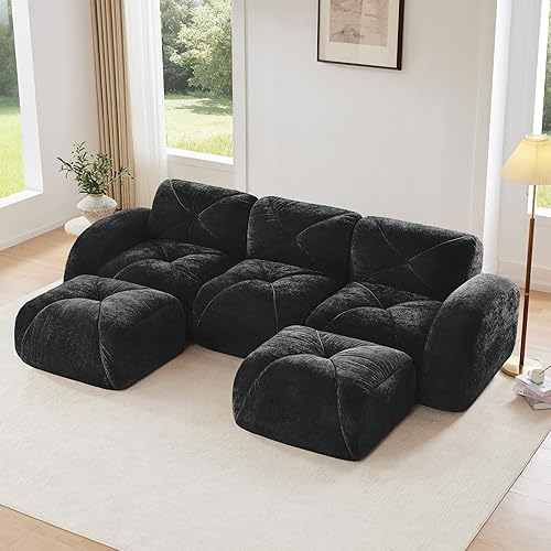 Miniatura 15 de Sofás seccionales azules para sala de estar, sofá de tela de terciopelo sin hueso en una caja, no requiere montaje, sofá modular de nube, sofá de