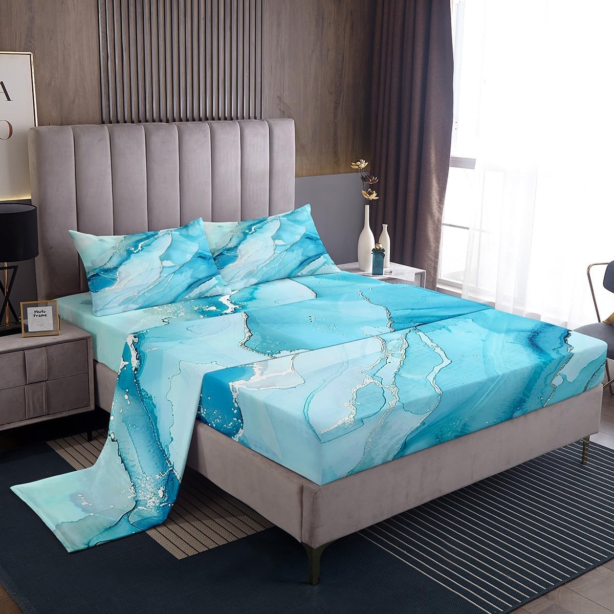 Feelyou Navy Blue Marble Bed Sheets Set Queen Size Modern Marble Aesthetic Sheet Set Retro Watercolor Artwork Design Sheets with Deep Pocket Fitted Sheet Abstract Marble Texture Printed Bedding Set