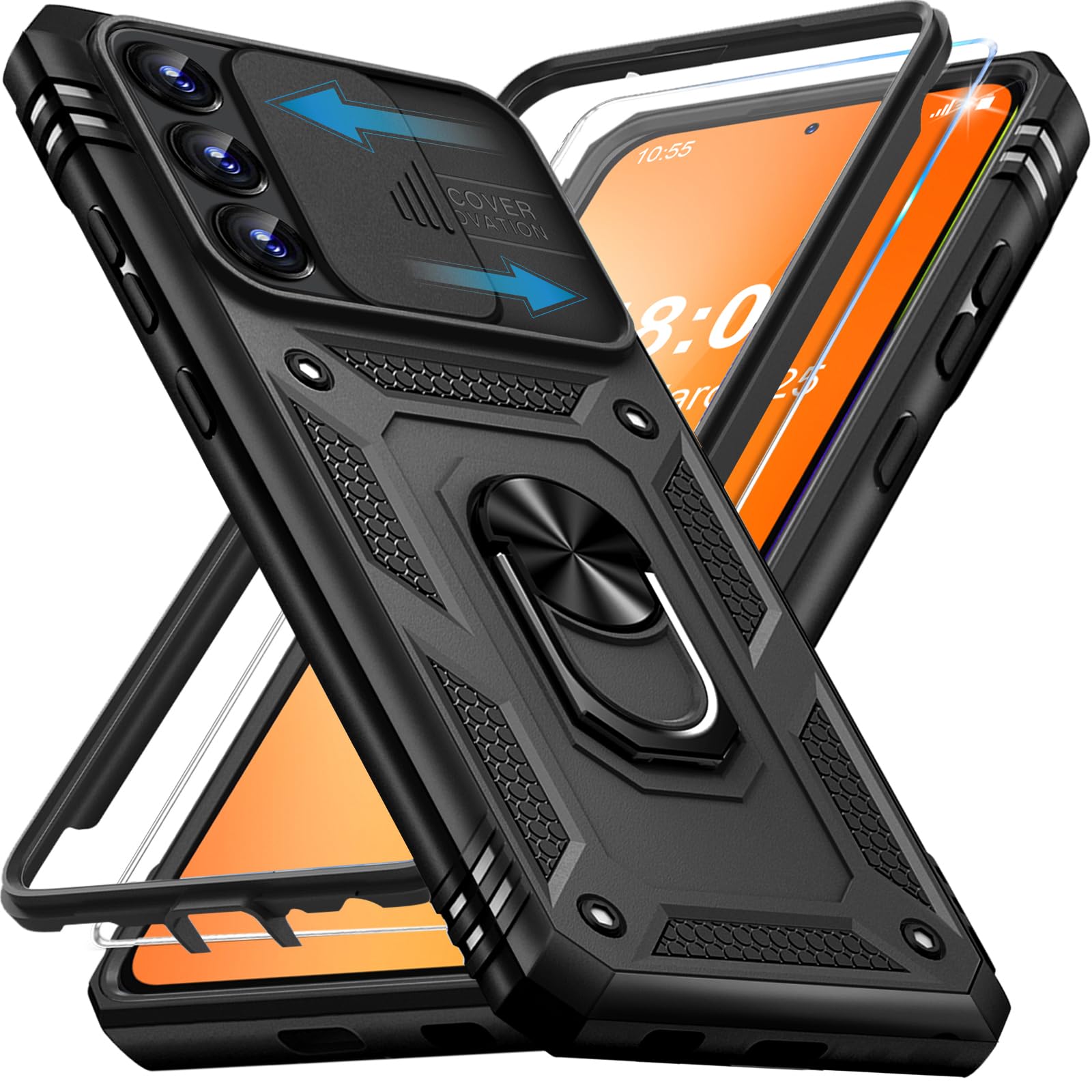 Giyer für Samsung Galaxy A54 5G Hülle mit Schutzfolie, Handyhülle Galaxy A54 5G mit Kameraschutz Kartenschlitz 360° Metall Ring Ständer Stoßfest Bumper Schutzhülle Samsung A54 6.4" Case (Schwarz)