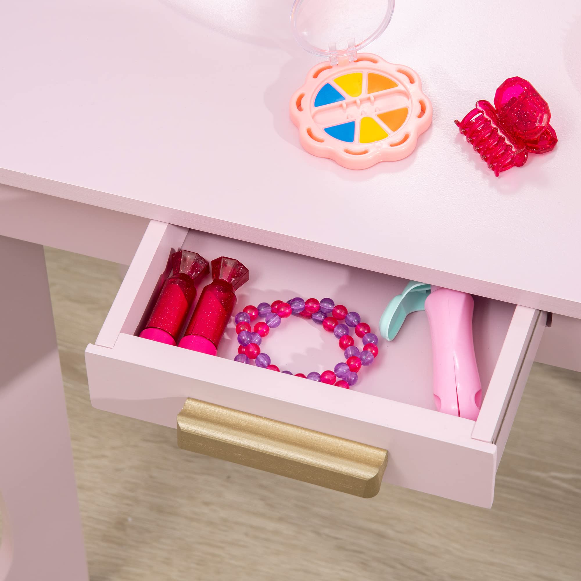 HOMCOM Tocador para Niña con Espejo y Taburete de Maquillaje de 3 a 6 Años, Infantil de Madera con Cajón Rosa