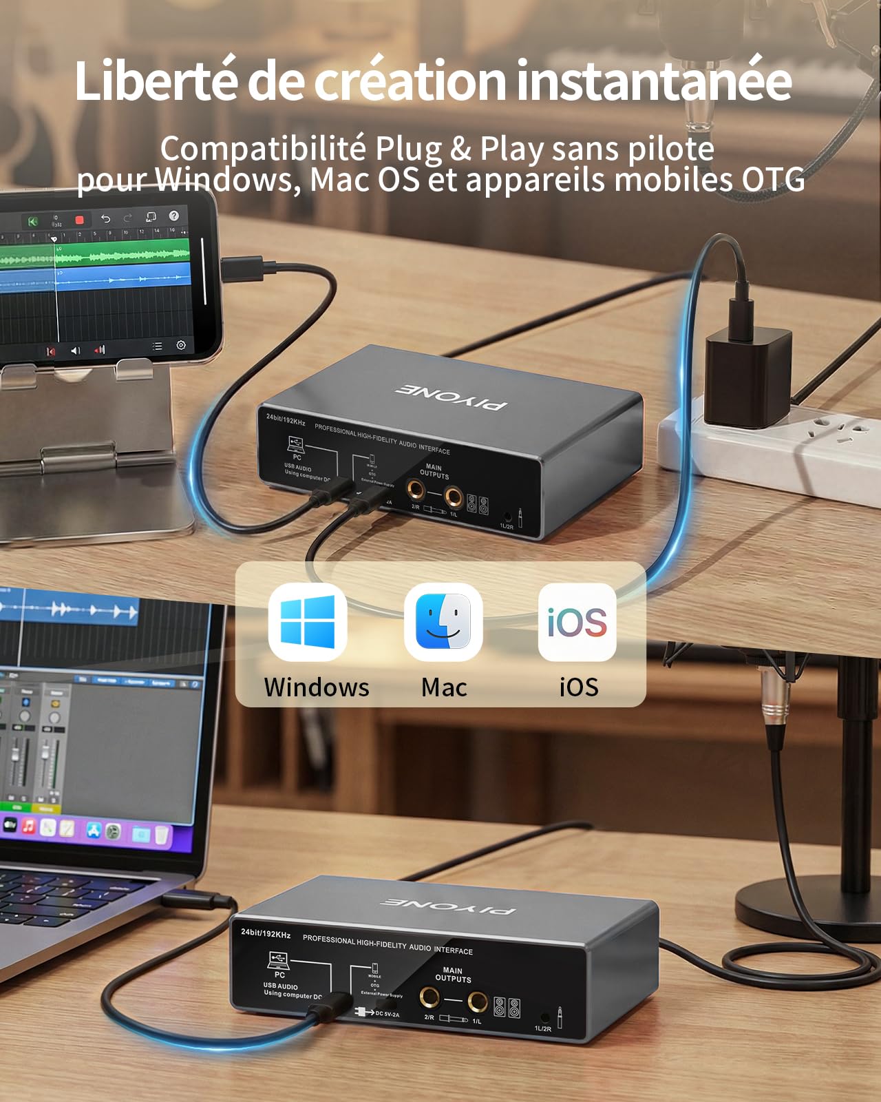 Interface Audio USB 2x2, 24 bits/192 kHz Carte Son Studio pour PC/Mac/iOS, Enregistrement, Podcast, Entrée XLR/TRS, 48V Phantom, Loopback, Monitoring Zéro Latence (Gris Alliage)