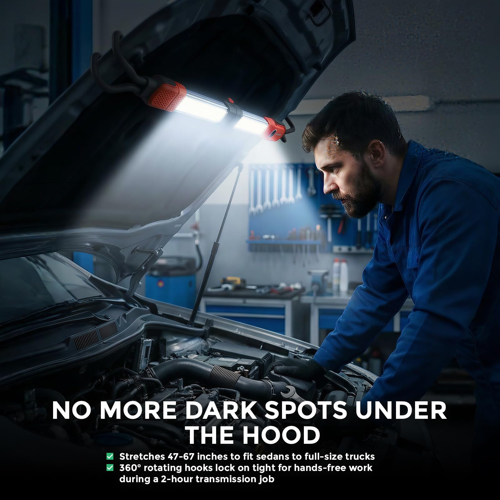 Luce da lavoro ricaricabile da 2300 lumen, barra luminosa a LED pieghevole con 3 livelli di luminosità, batteria esterna da 6000 mAh, impermeabile IP65, ganci telescopici per riparazione auto e garage