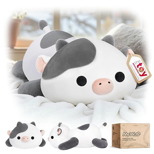 Mewaii Peluche Mucca che Respira Kawaii Cuscino Peluche Giocattoli Abbraccio Pupazzo Gigante Regalo per Bambini Ragazze 33CM - Mucca Bianca Grigia - 33 CM