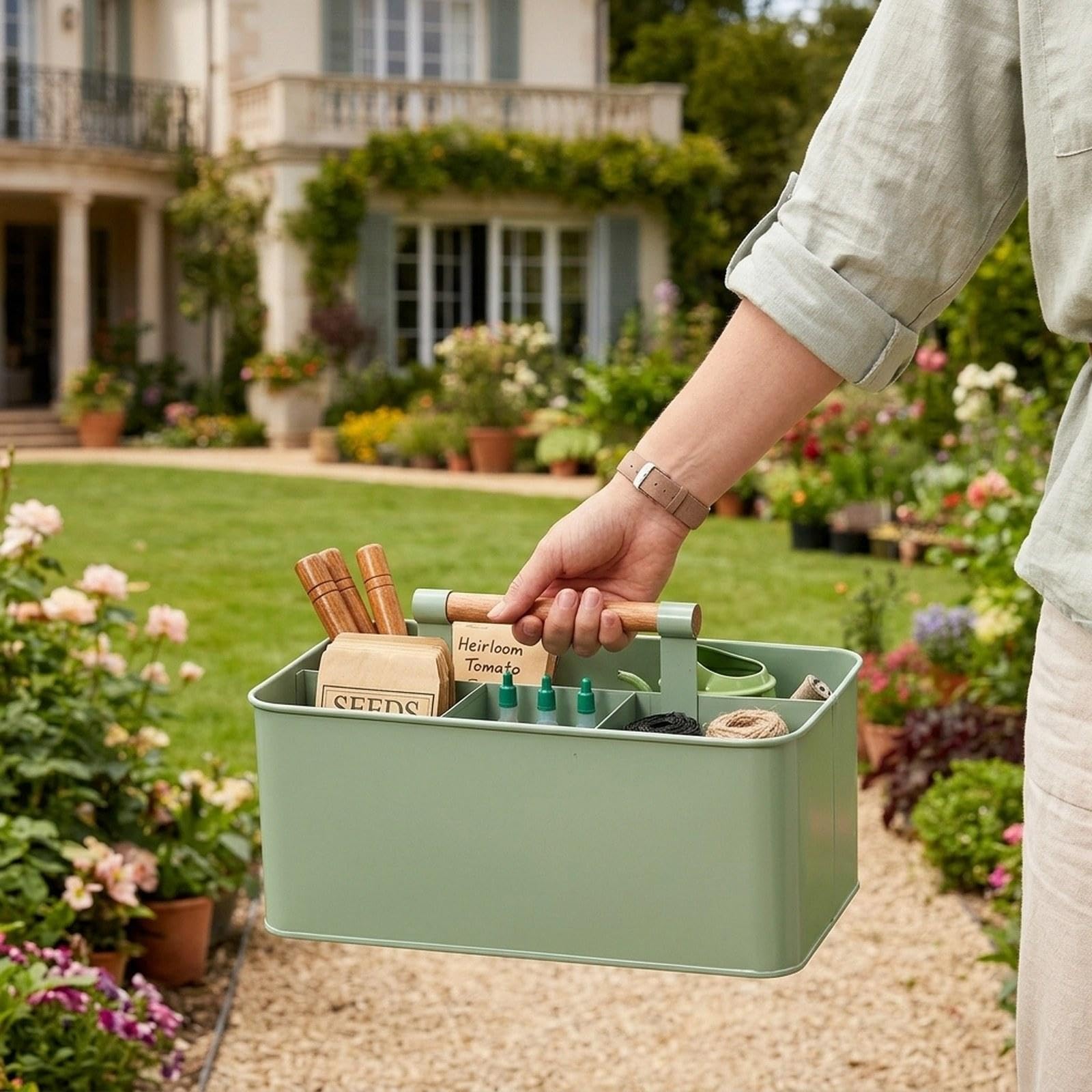 Cesto Porta Attrezzi da Giardino con Manico in Legno – Contenitore per Attrezzi da Giardinaggio – Idea Regalo per Appassionati di Giard, Verde