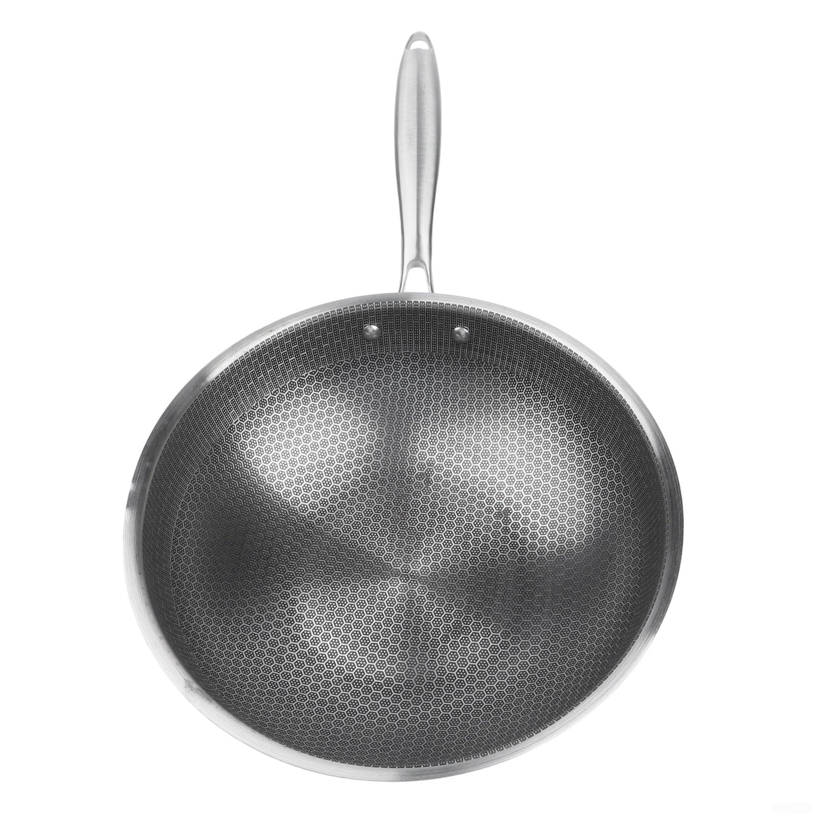 Wok in acciaio inox con rivestimento antiaderente – senza PFAS, motivo a nido d'ape antigraffio, lavabile in lavastoviglie, per forno a induzione a gas, 30 cm, argento (32 x 32 x 11 cm)