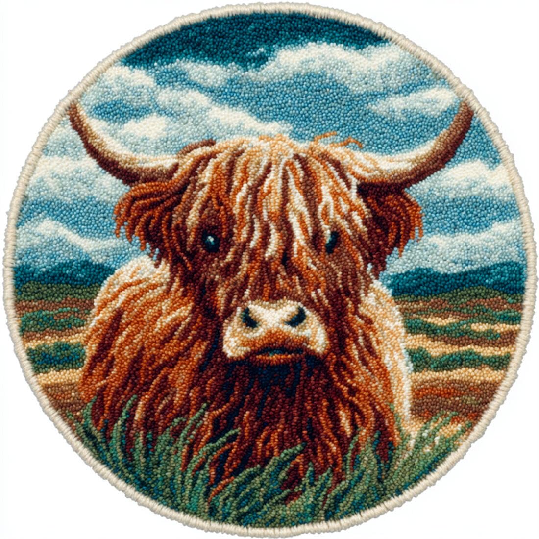 Rqwybcaxn DIY Rug Latch Hook Kits for Teens Animal Needlework Kit Highland Cattle Portrait 80x80cm Round Tapestry with Crochet Hook Study Craft Gift