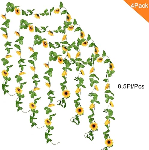 Miniatura 2 de DearHouse Paquete de 4 guirnaldas de girasoles artificiales de seda con hojas verdes, decoración de mesa de boda