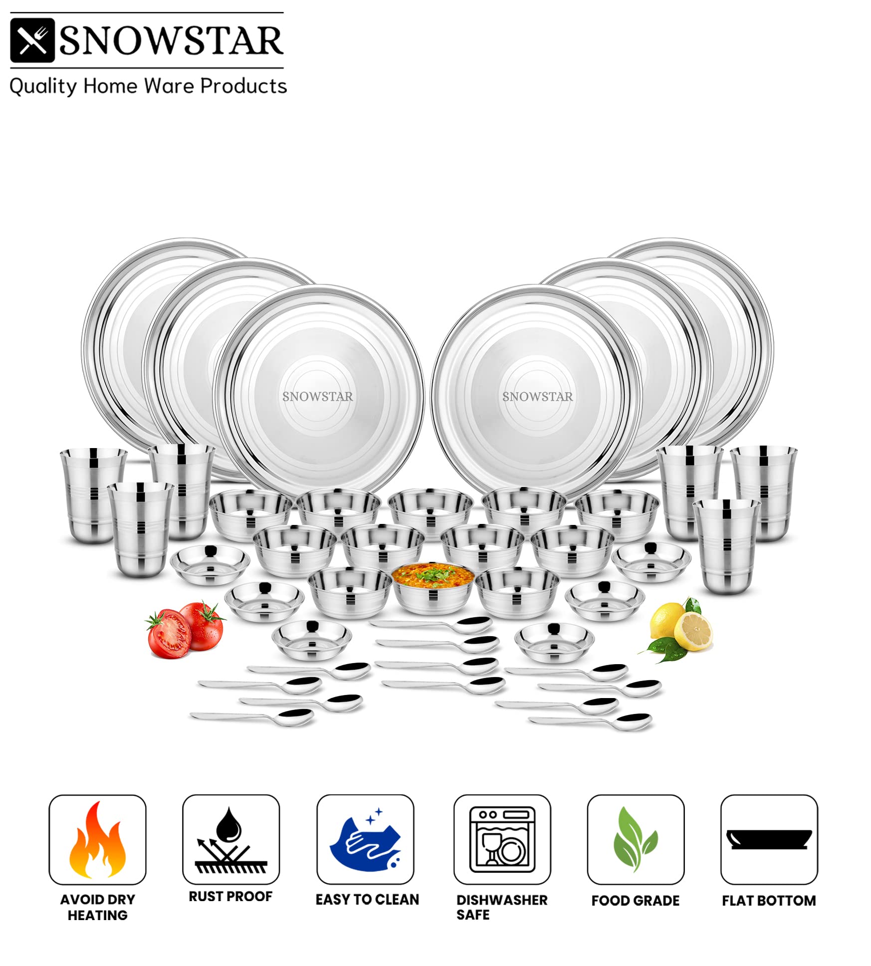 SNOWSTAR Stainless Steel Dinnerware Set - 6 Thali, 12 Katori, 6