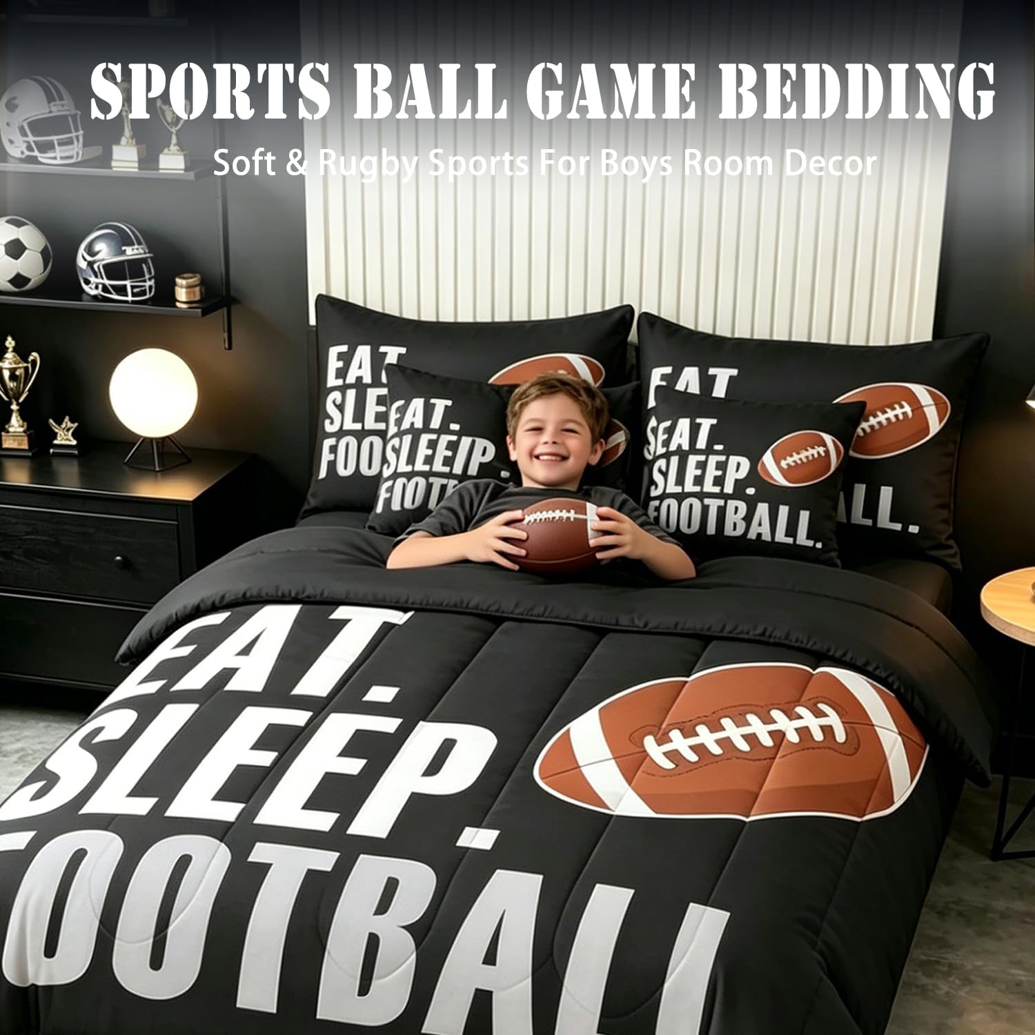 Feelyou Football Comforter Set with Sheets Full Size Rugby Sports 7 Pieces Bedding Set for Kids Boys Girls Teens Black Sports Ball Game Bed in a Bag Gift for Football Lover Bed Set