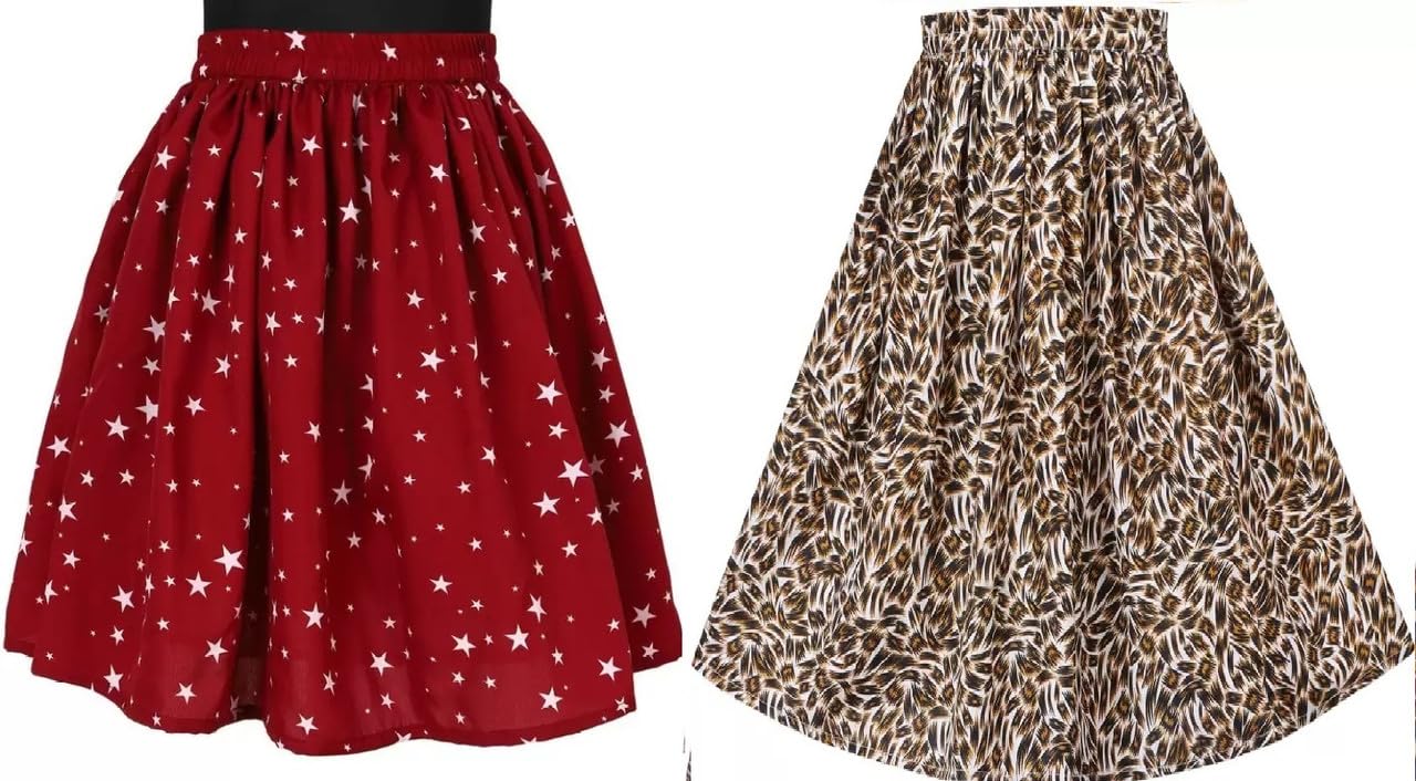 Mee-kah Girls Knee Length Beautiful Jaipuri Printed Skirts with Round Elastic for Better Grip for Kids Girls and it is a Combo of 2 Purple-Wine