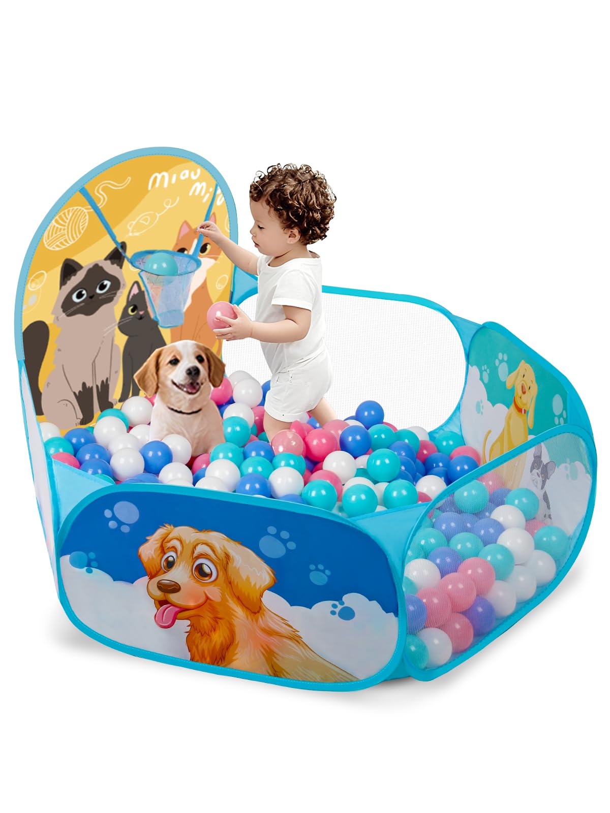 ZimiTeda Cat & Dog Kids Ball Pit for Toddler with Basketball Hoop Foldable Pop-Up Baby Ball Pool for Girls Boys Indoor & Outdoor Game 47.24"/120cm Wide Plyahouse Tent (Balls NOT Included)