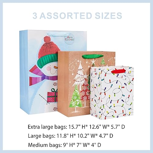 Miniatura 2 de Bobobag Paquete de 8 bolsas grandes de regalo de Navidad con asa y papel de seda para Feliz Navidad, varios tamaños y diseños, bolsas de regalo para