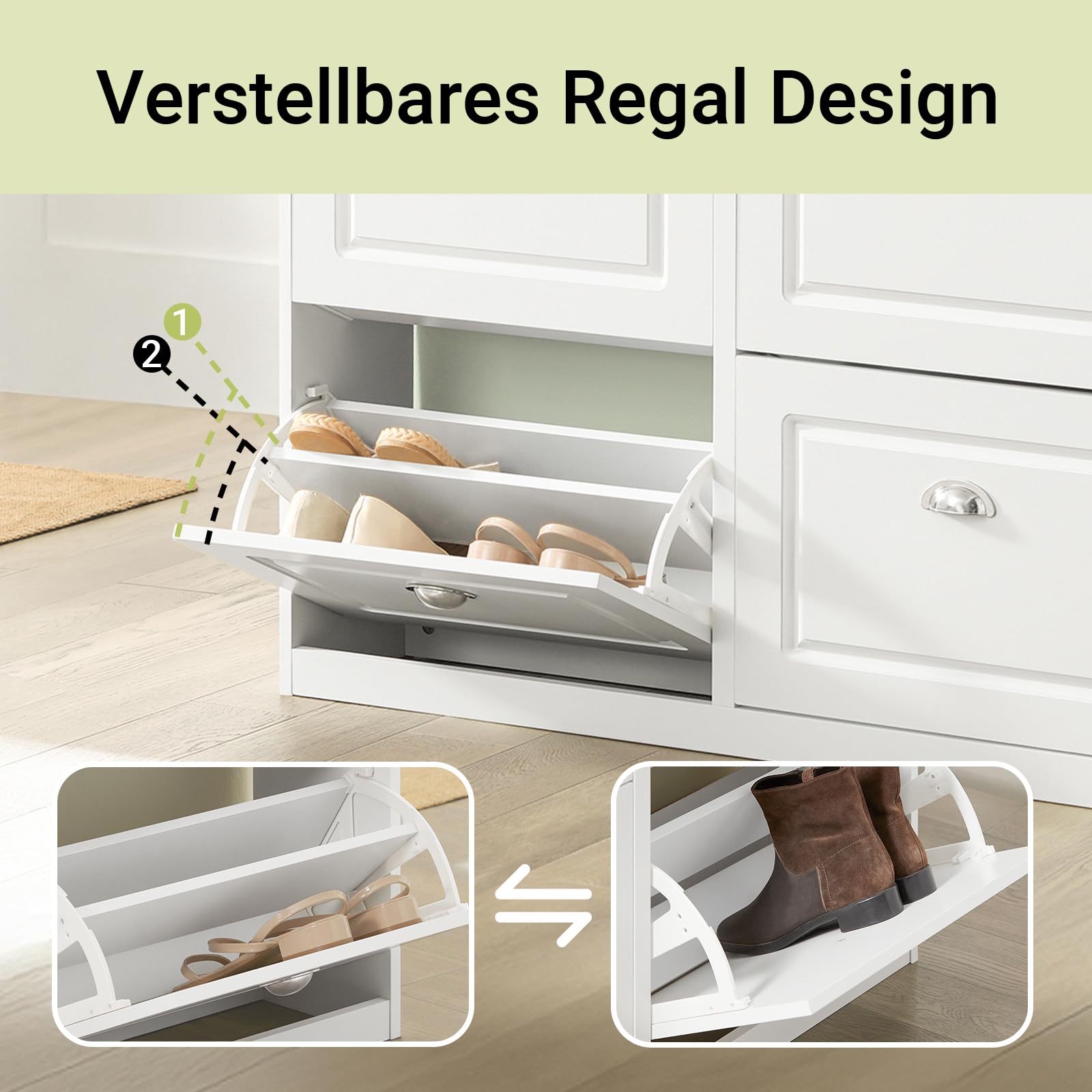 SoBuy Schuhschrank Schmal mit 4 Klappen - Schmaler Schuhkipper mit 8 Ablagen, Verstellbares Schuhregal für Diele, Flur & Eingangsbereich - Flurschrank mit Kippsicherung 105x82x24cm Weiß FSR79-W