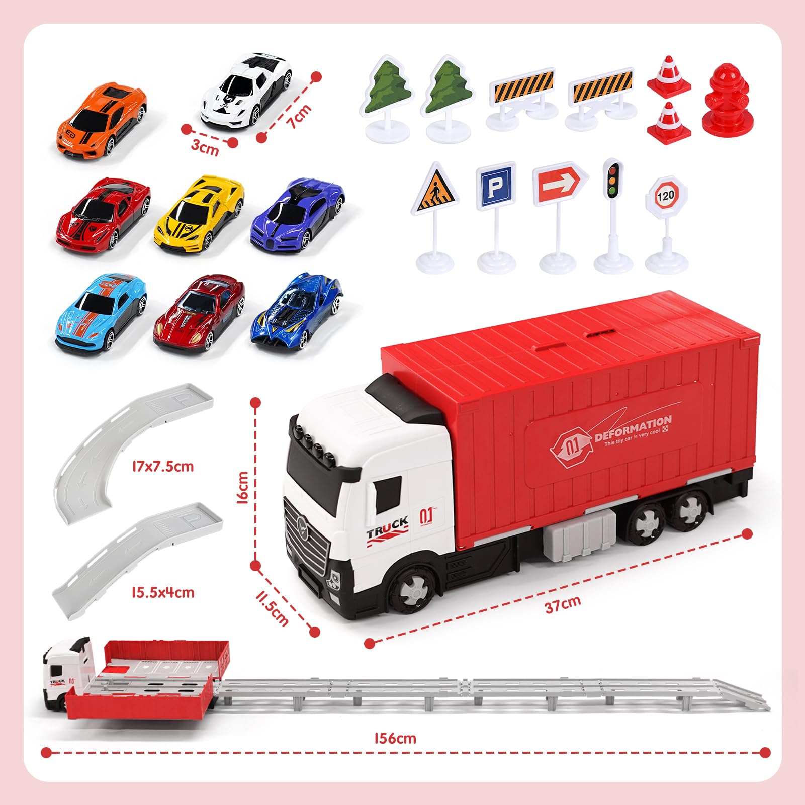 Transport Truck Toy Cars for Boys Aged 3, 4, 5, 6 Years, Portable Racing Track Truck Toy Car with 8 Racing Cars, Transporter Vehicle Toy Set for Children (Rosso)