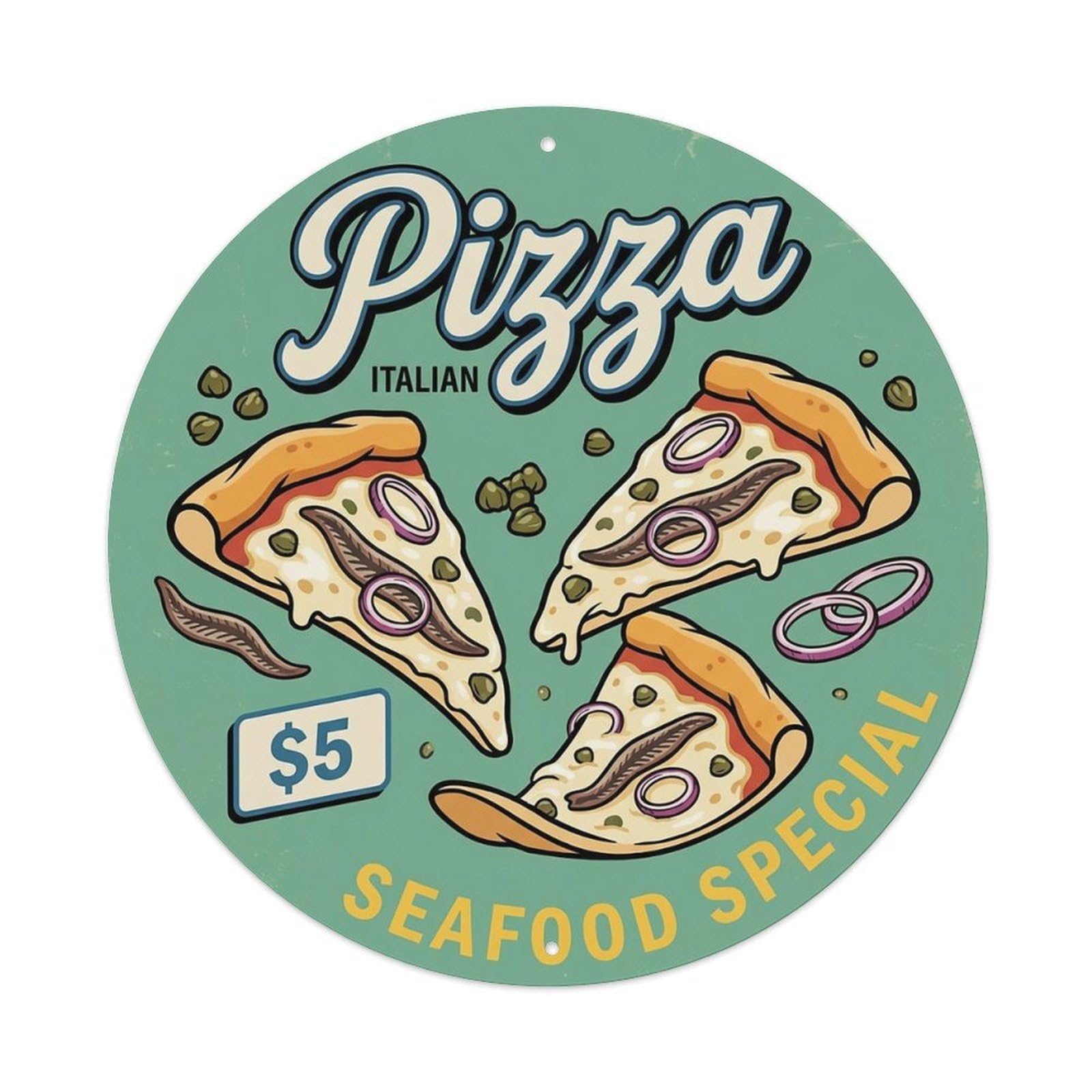 Huiyhb 8X8inch(20X20cm) Vintage Pizza Slice Italian Traditional Cuisine Anchovy Metal Tin Sign