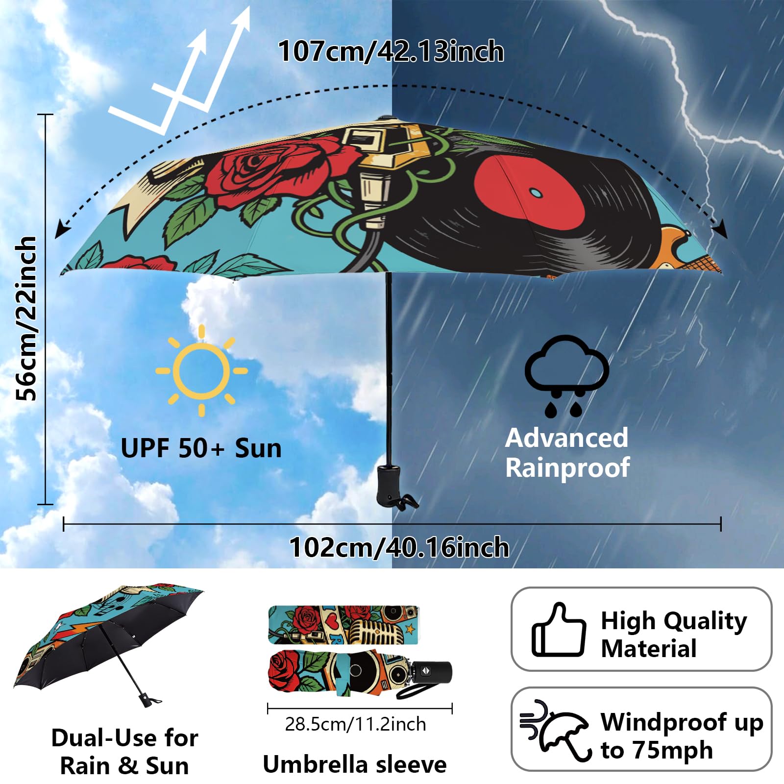 MayjoyDIY Retro Rock Micrófono Automático Plegable Paraguas 107cm Rock A prueba de viento Viaje Paraguas Rojo Rosa Compactos Paraguas Automáticos Apertura Cierre para Lluvia y Sol Protección