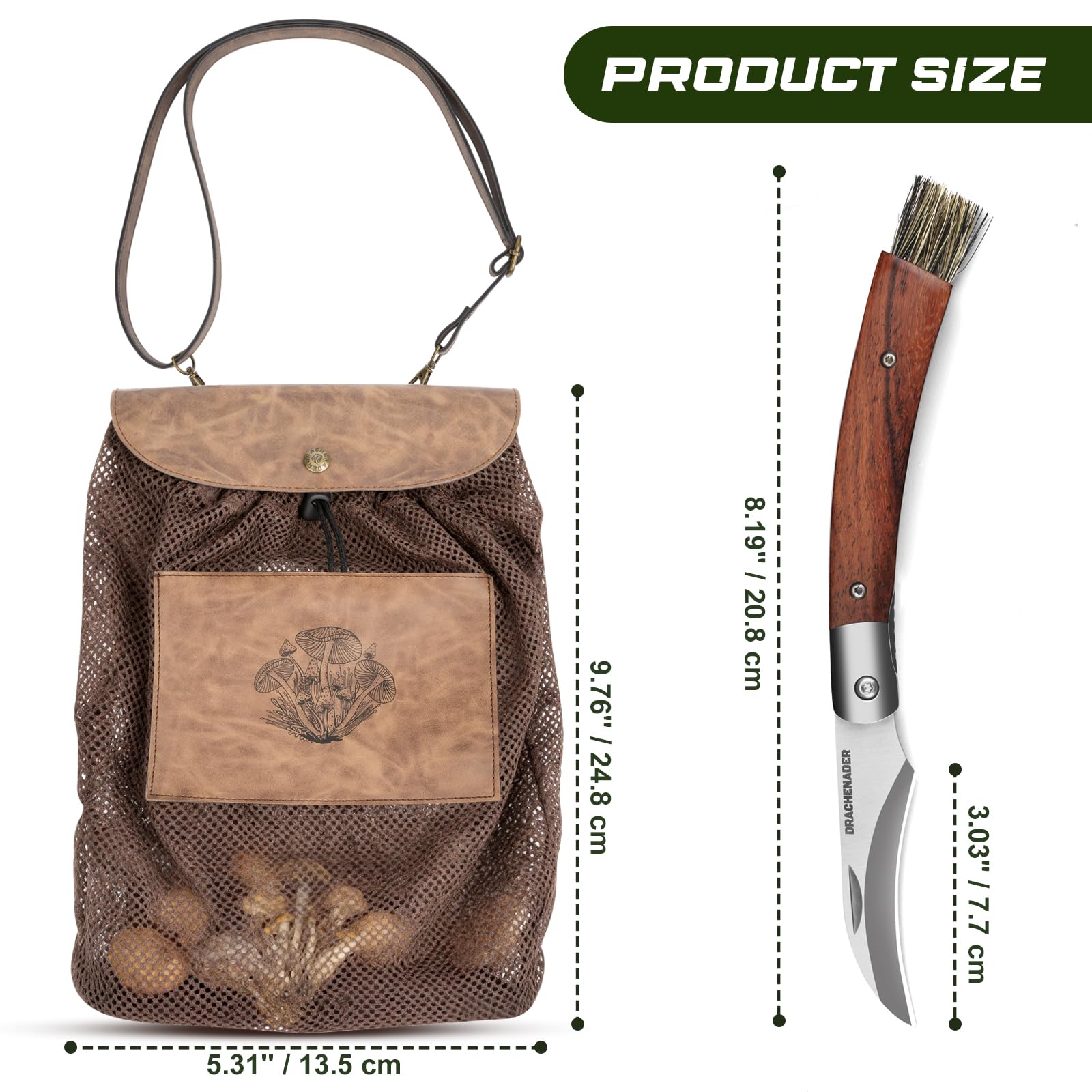 DRACHENADER Couteau Champignon, Panier Champignon – Couteau à Champignons avec Brosse Intégrée, Sac à Champignons Pliable et Respirant avec Filet, Bandoulière Réglable