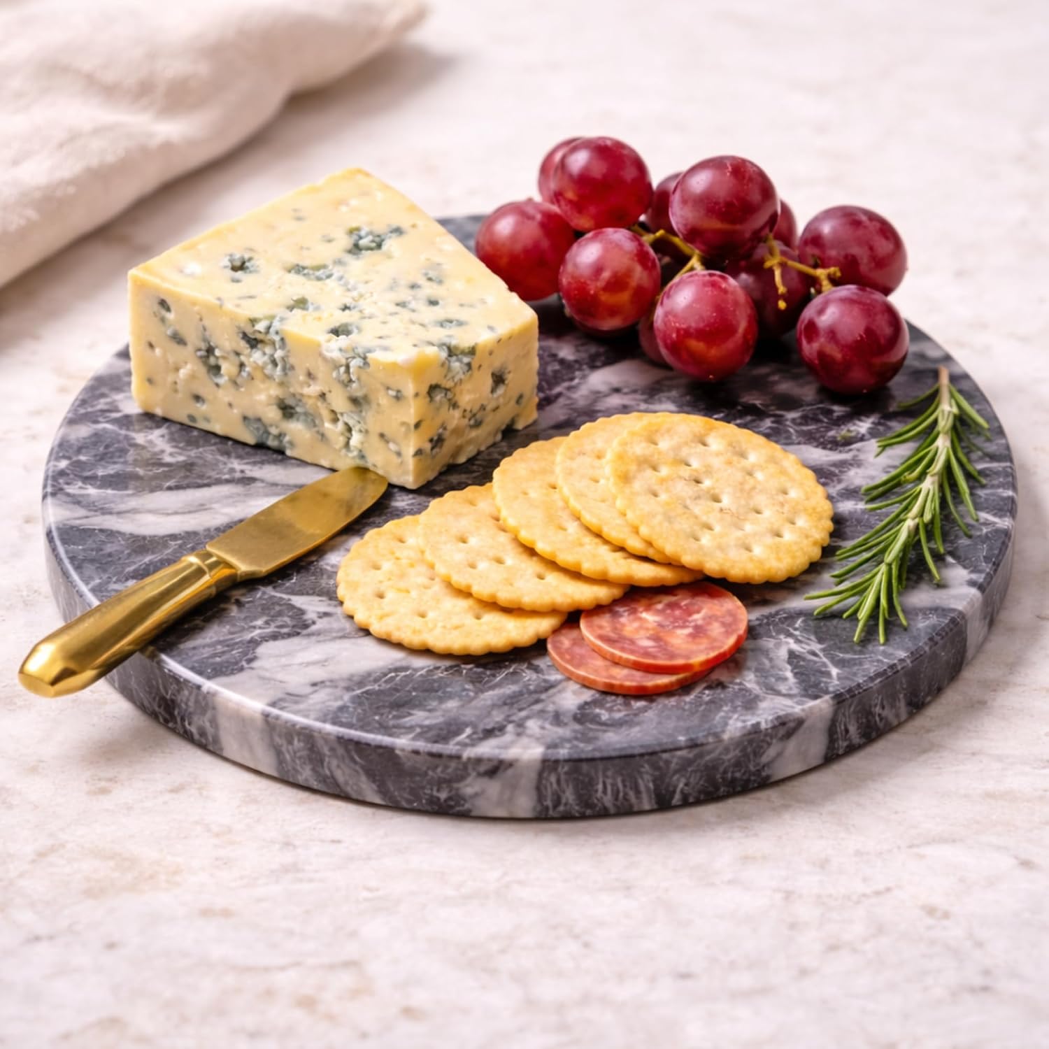 8 Inch Round Marble Serving Board – Natural Dark Grey Cheese Board with Non-Slip Feet – Small Charcuterie Board, Pastry Slab, Serving Tray