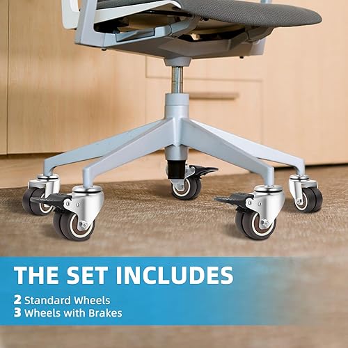 Miniatura 6 de W B D WEIBIDA Juego de 5 ruedas para silla de oficina con freno, ruedas de repuesto de goma para ruedas de silla, rueda universal resistente de 2