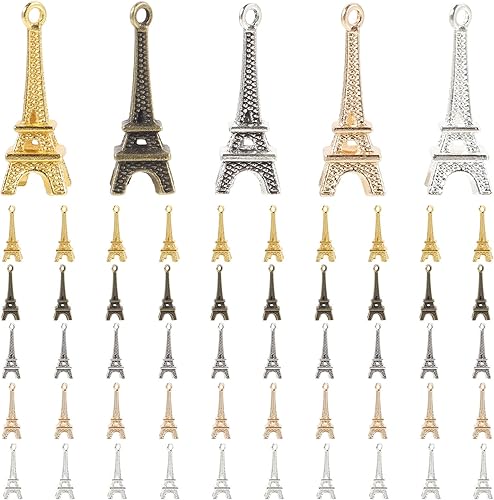 Miniatura 9 de EXCEART 60 piezas Mini colgantes de simulación Torre Eiffel colgantes colgantes colgantes para joyería DIY llavero accesorios (color al azar), Zinc,