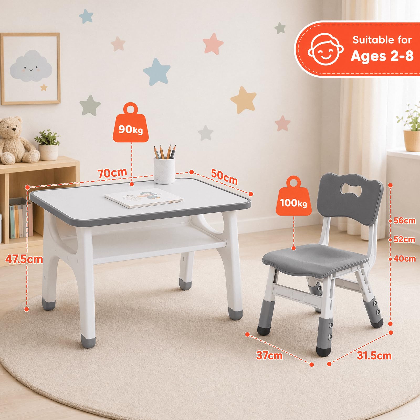 MAMIZO Kindertisch-Stuhl Set, Kindersitzgruppe mit 2 höhenverstellbaren Stühlen, Maltisch für Kinder mit bemalbarer Tischplatte & Stauraum, multifunktionaler Kinderspieltisch 70x50 cm, Grau