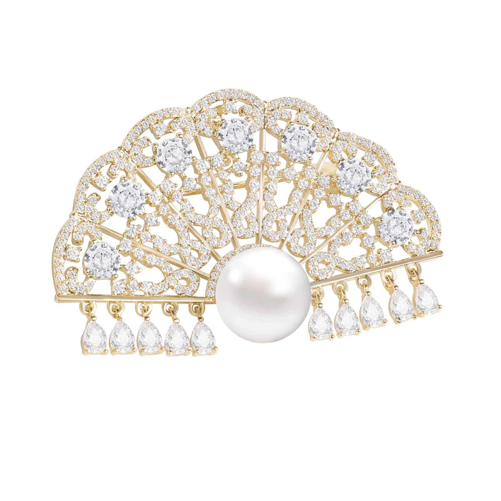 Brosche für Frauen Mode Chinesischer Stil Fan Pin mit Zirkonia Perlen Broschen und Pins Hochzeit Geburtstag Geschenk, Messing, Zirkonia