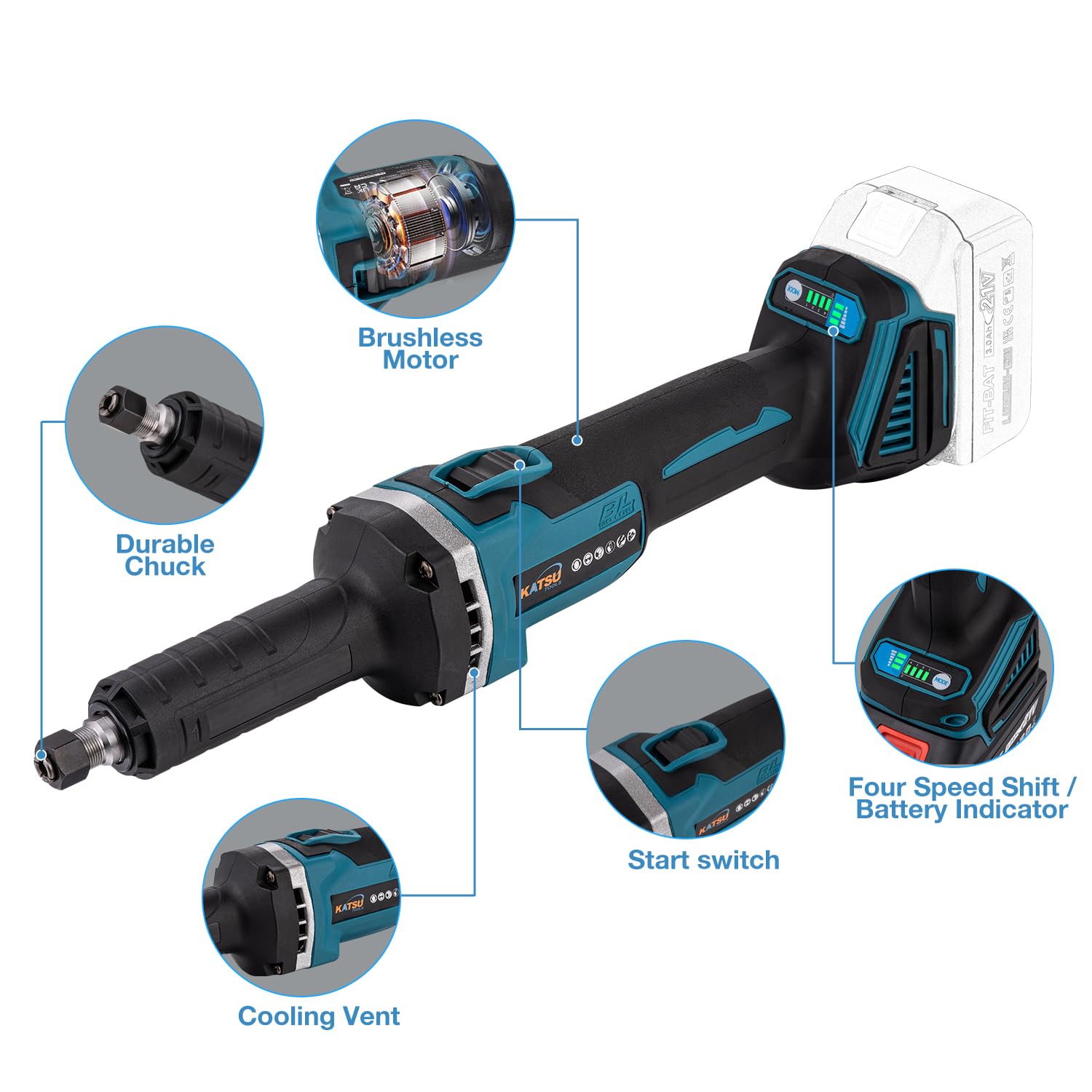 KATSU FIT-BAT 21V Brushless Smerigliatrice Assiale Smerigliatrice Dritta a Batteria con 6mm Mandrino e 4 Velocità Variabili, senza Batteria 102319