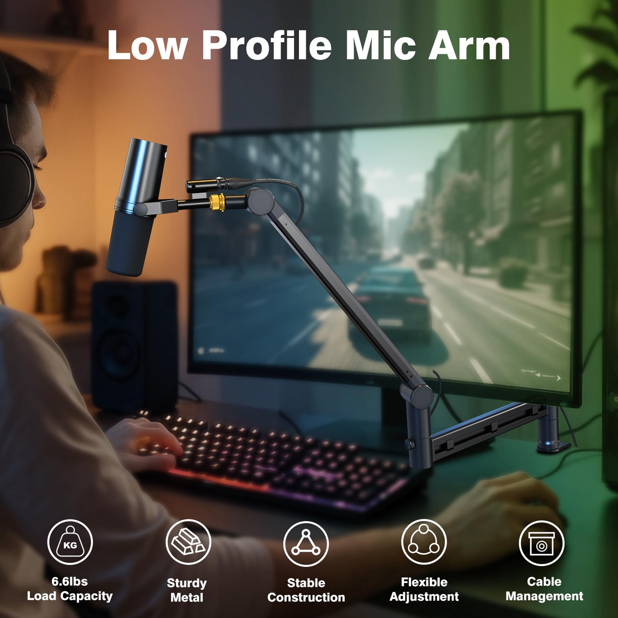 AA AUDIO ACCESSORY Bras de micro profil bas (conçu pour micros lourds) - Capacité 3 kg - Structure de verrouillage stable - Support de bureau métallique pour Shure SM7B, MV7+, Blue Yeti, Rode PodMic