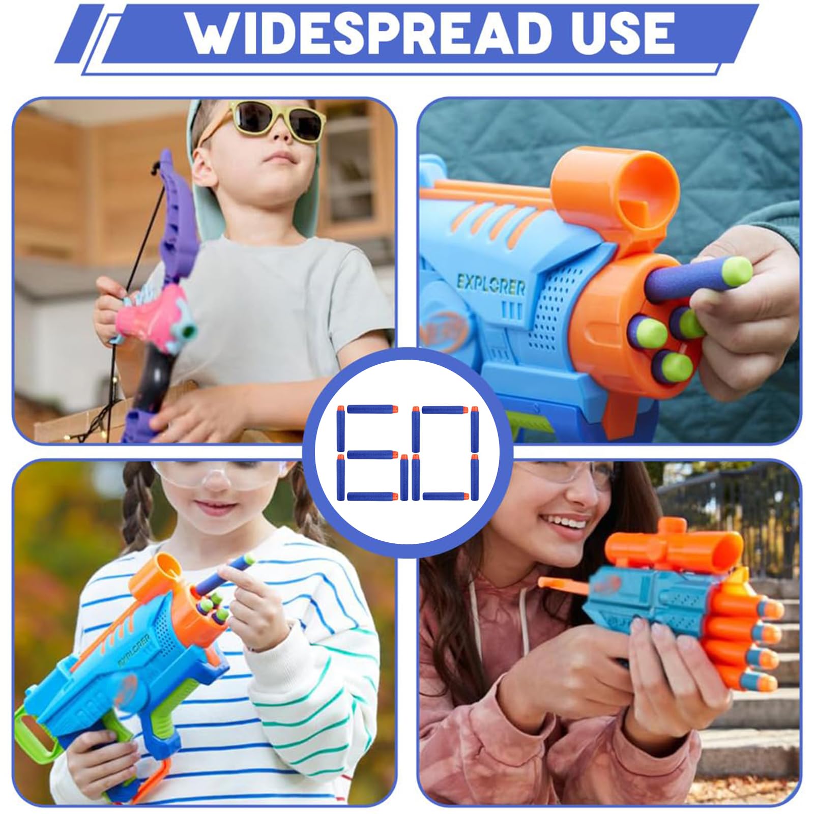 60 Pezzi Nerf Pistola Dardi In Schiuma Elite A Punta Piatta, Accessori Per La Serie Nerf N-Strike, Per Bambini, Esterni E Famiglia