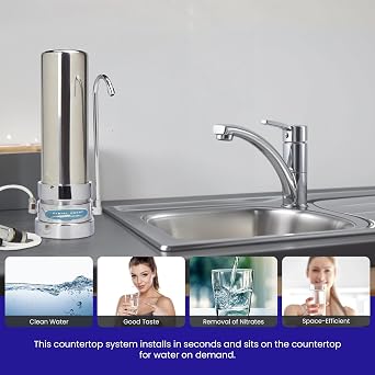 Nitrate Removal | Smart Single Cartridge Countertop Water Filter System | Stainless Steel | Crystal Quest