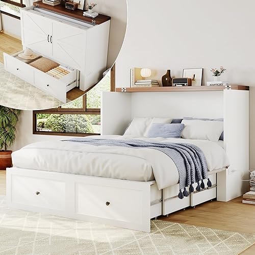 Murphy Bed Cabinet, Full Size Murphy Bed with Large Storage Drawer & Charging Station, for Bedroom, Living Room, Home Office