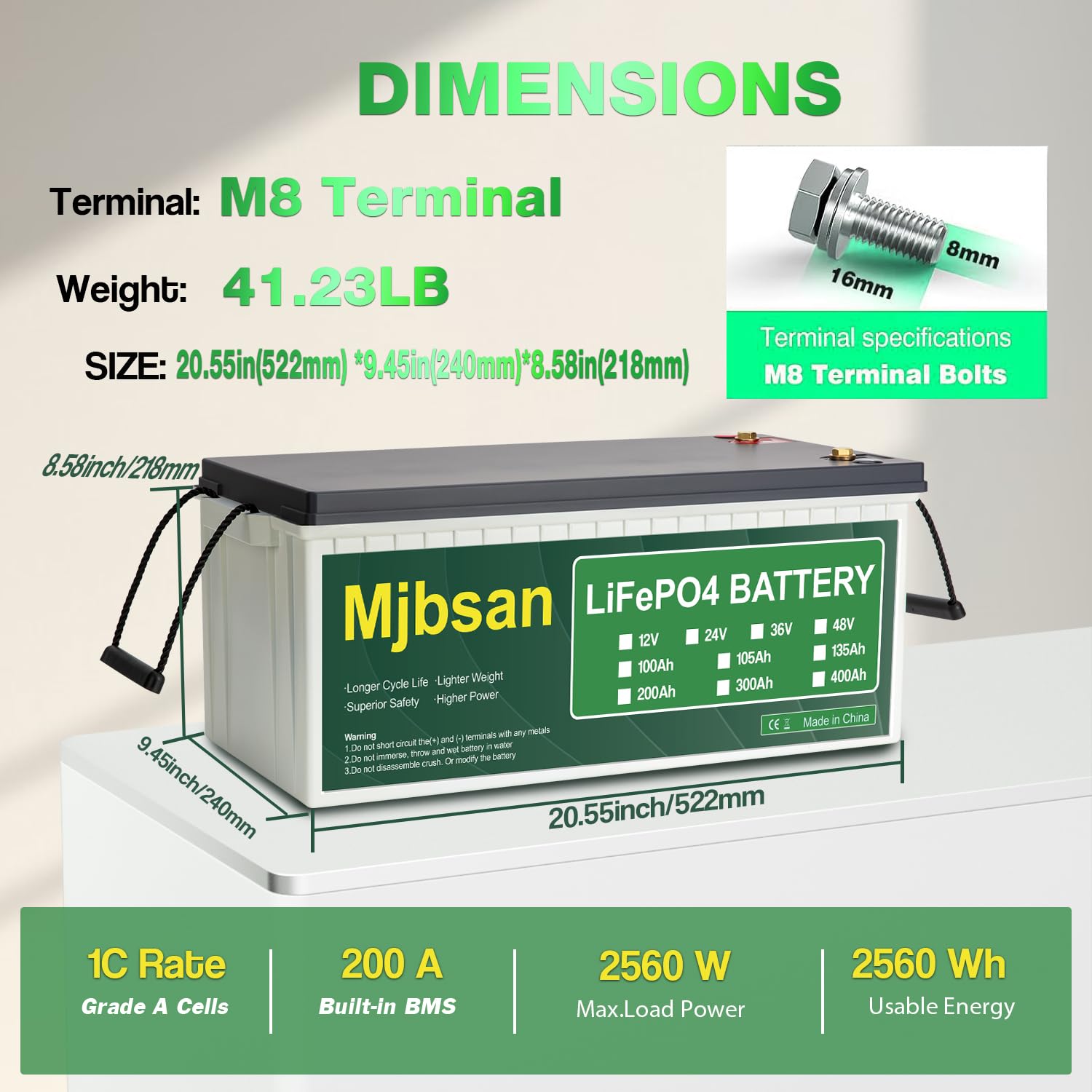 Mjbsan Akumulator samochodowy LiFePo4, 200 Ah, Bluetooth, wbudowana bateria litowa 200 A BMS, cykl głęboki 2560 Wh, 8000+ cykli, do przyczep kempingowych, przyczep solarnych, łodzi