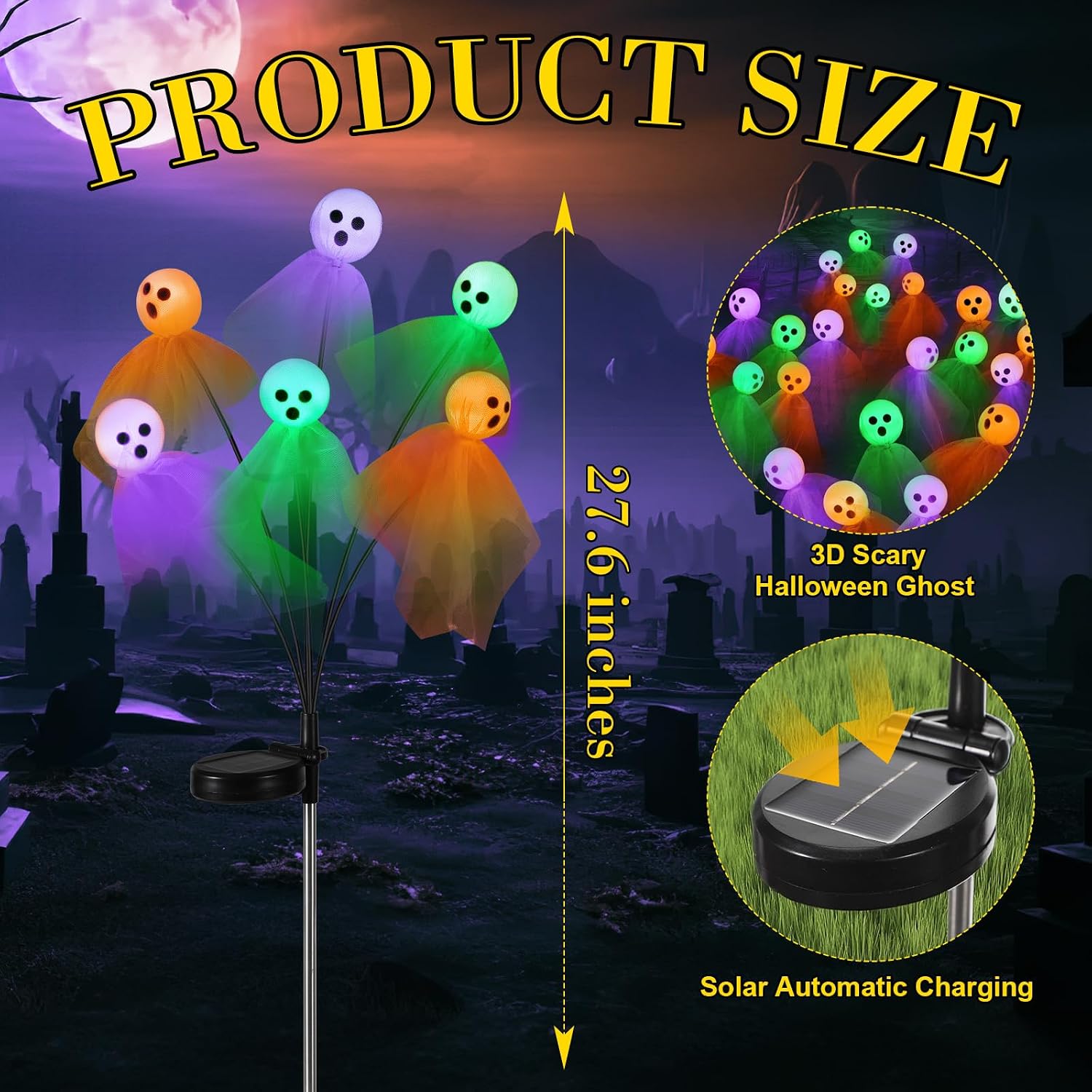 2 Pack Halloween Solar Lights Outdoor Solar Ghost Path Light, Colorful image 2