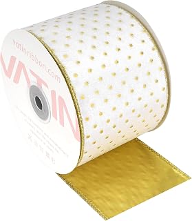 VATIN White Velvet Ribbon with Gold Dotted, 3-1/2-Inch x 10 Yards, for Christmas Bows, Mantel Decor, Gift Wrapping, Holiday Party Decoration
