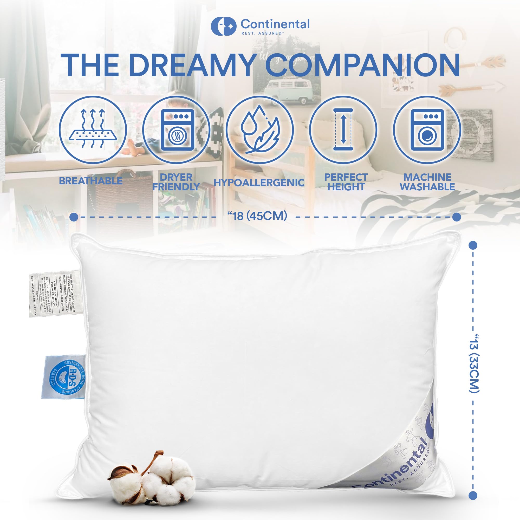Continental Bedding Almohada 100% plumón de Ganso para niños de 13 x 18 Pulgadas, Potencia de Relleno 550 (13 x 18)