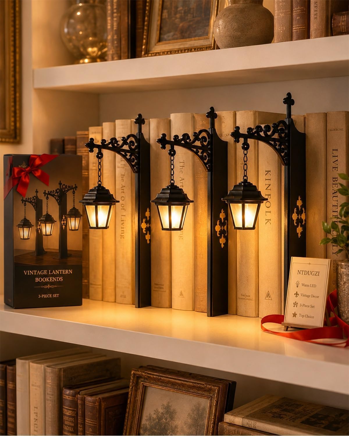 Bücherregal Lampe Vintage Library Lantern-Decorative Bookshelf Lighting Bookshelf Lamp Bücherregallampe, Dekorative Buchstütze im Vintage-Laternen-Design Bücherregal Lichter für Home Halloween (3 STK)
